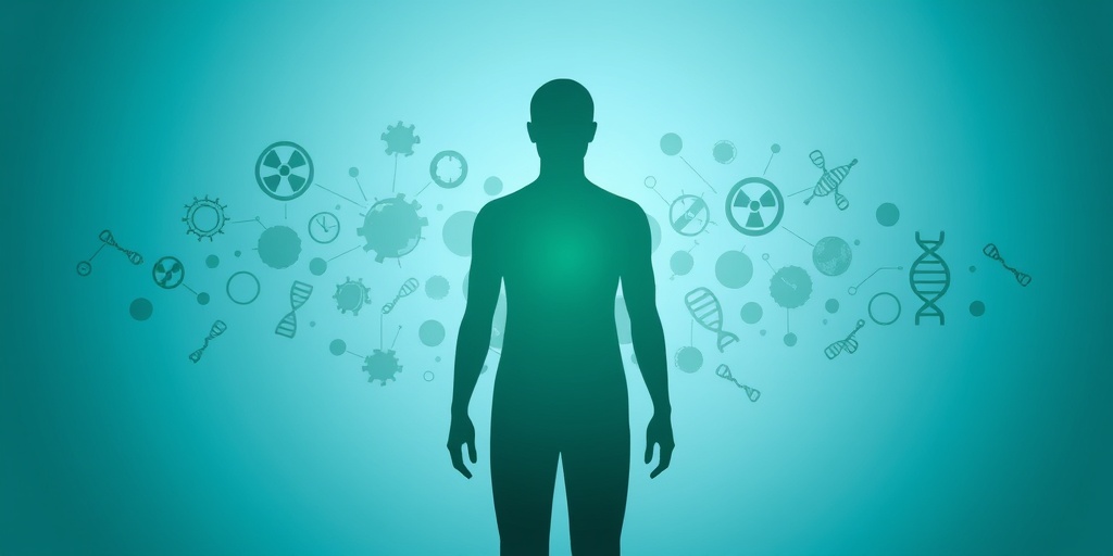 Silhouette surrounded by health symbols represents long-term radiation effects, filled with muted greens and blues against a serene blue background. 3.png