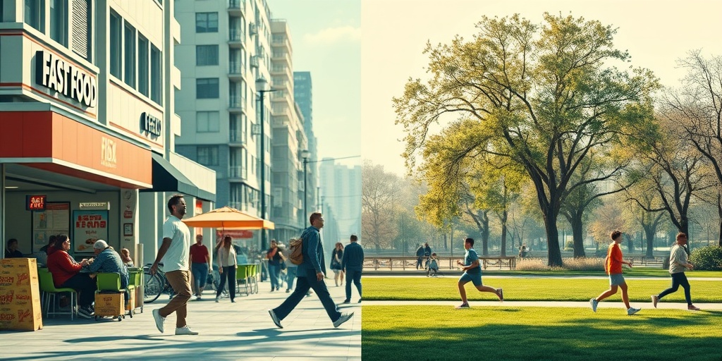 Split image contrasting a busy urban area with fast food and a serene park with active individuals. 3.png