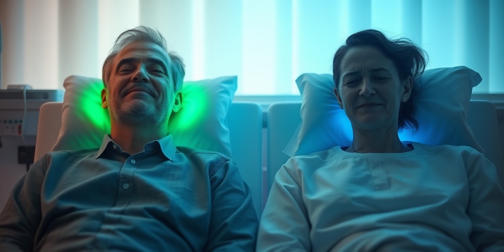 Two patients in a clinical trial experience contrasting emotions, highlighting the placebo vs. nocebo phenomenon through body language.3.png