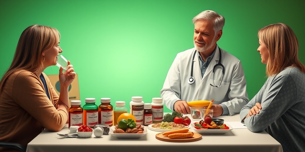 Various treatment options for splenomegaly are displayed on a table, with a hopeful patient discussing with a healthcare professional.  4.png