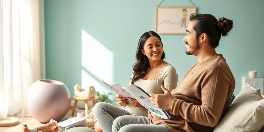 A couple practices breathing techniques in a birthing class, surrounded by supportive props in a warm, calming atmosphere.  5.png