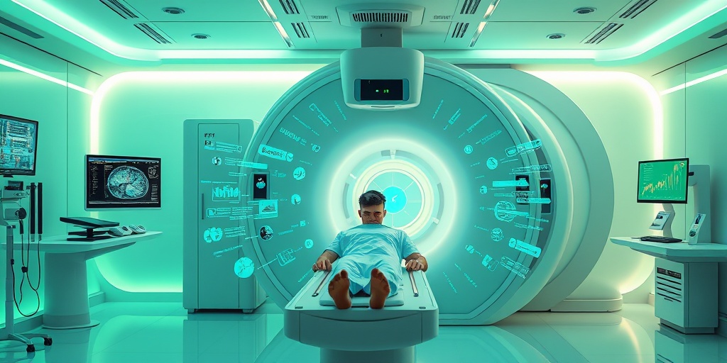 A futuristic PET scanner with AI capabilities, featuring holographic data displays in a bright, innovative medical environment. 5.png
