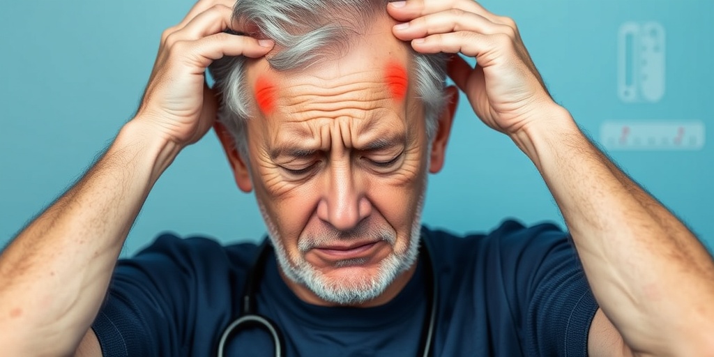 A middle-aged person holds their head in pain, with visible inflammation around the temples, set against a calming blue backdrop. 2.png