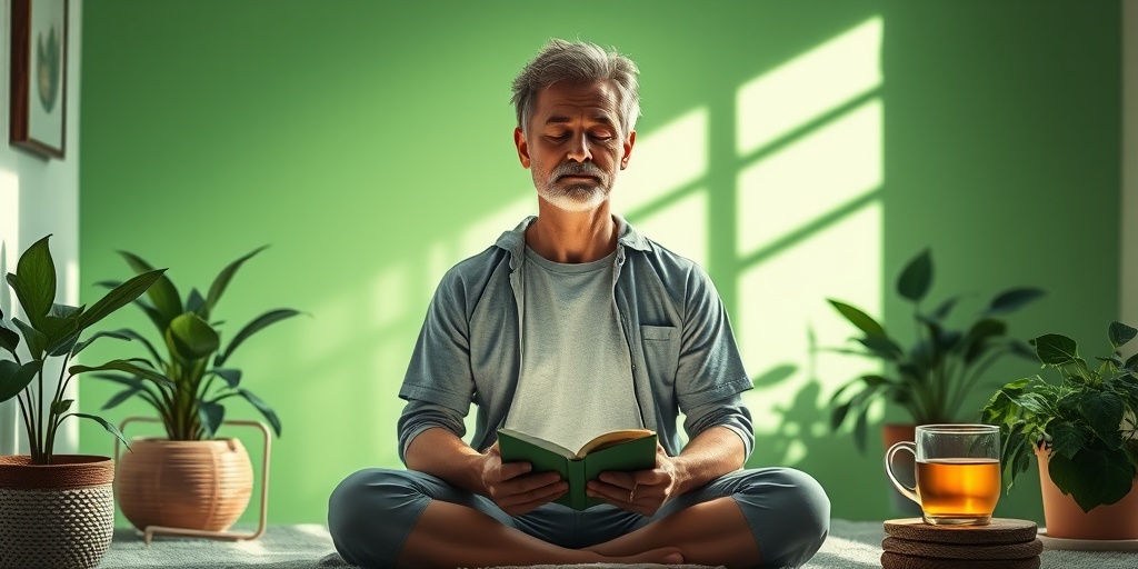 A patient practices mindfulness in a serene home, surrounded by calming plants and soft lighting, symbolizing holistic self-care. 5.png
