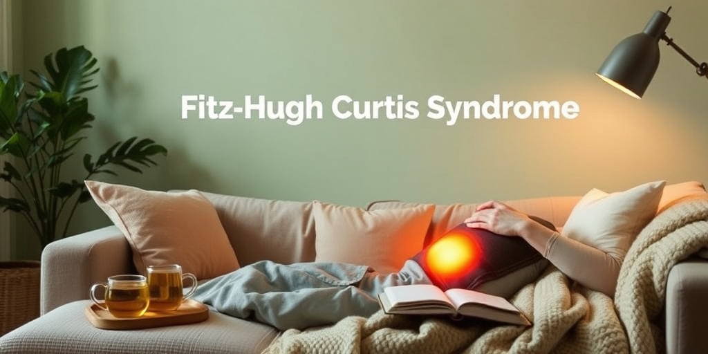 A patient practices self-care at home, using a heating pad and surrounded by herbal teas, promoting comfort and healing.3.png