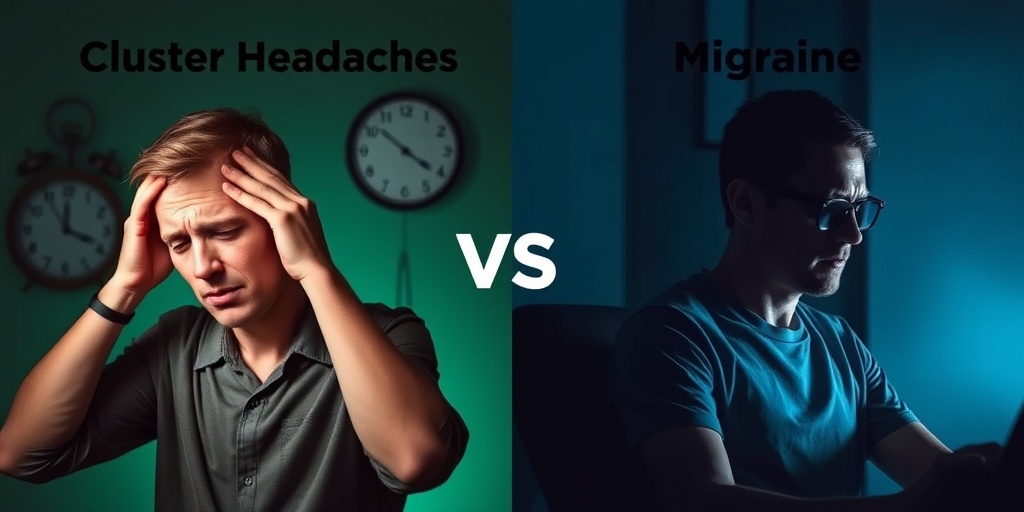 A visual comparison shows a person suffering from a cluster headache versus a migraine, highlighting their different experiences.  5.png