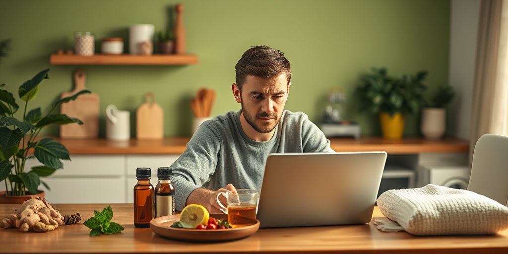 An individual explores home remedies for cluster headaches at a kitchen table, surrounded by natural elements and herbal tea.  4.png