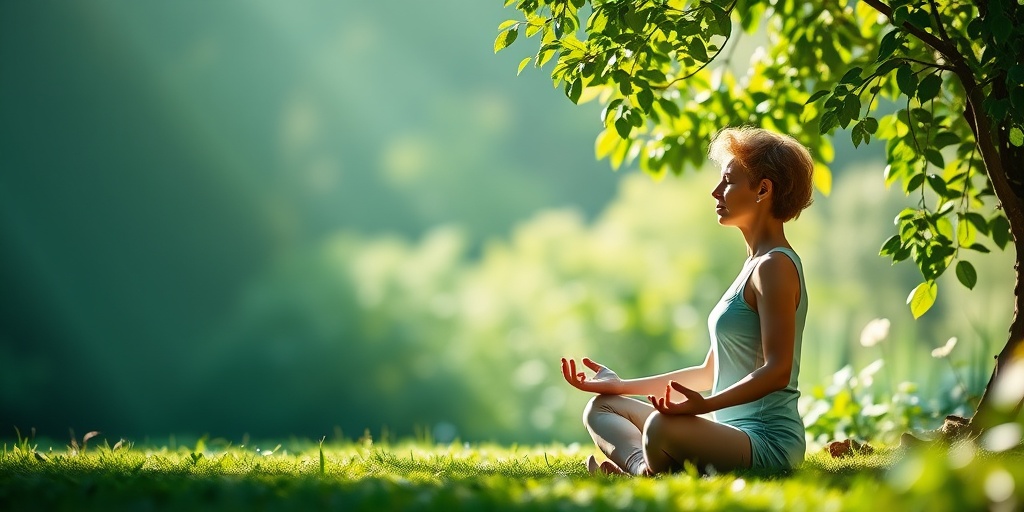 An individual practices mindfulness in a tranquil garden, embodying management strategies for postural tremor amidst nature. 5.png