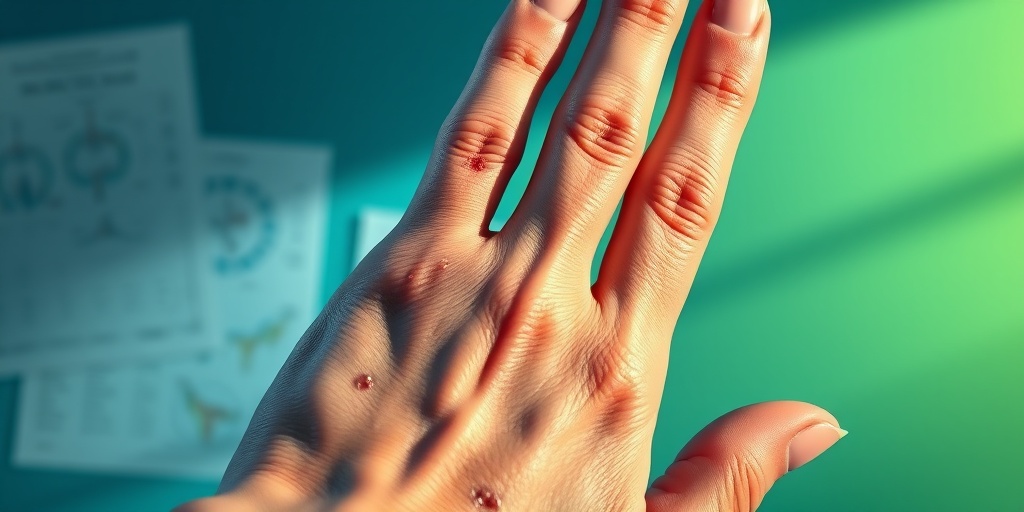Close-up of a patient's hand displaying painful sores, set against a serene blue and green background.  2.png