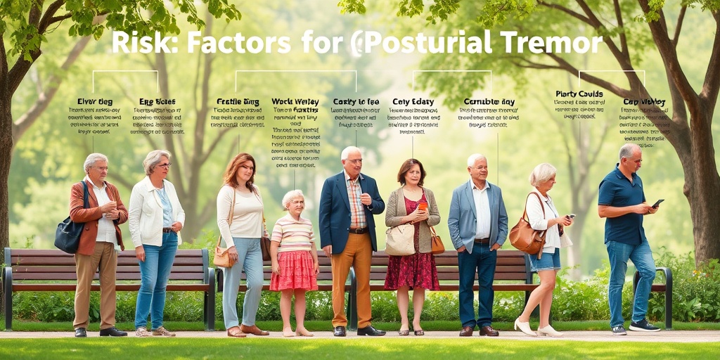 Diverse individuals in a park illustrate various risk factors for postural tremor, promoting awareness and understanding. 3.png