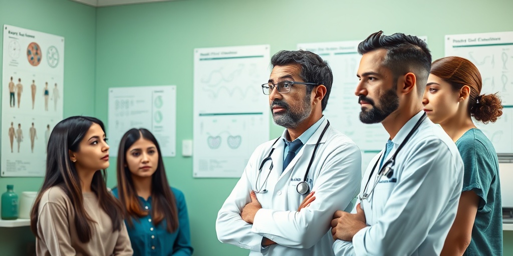 Healthcare professional discussing genetic risks of Halushi-Behcet's Syndrome with concerned individuals in a clinical setting.  3.png