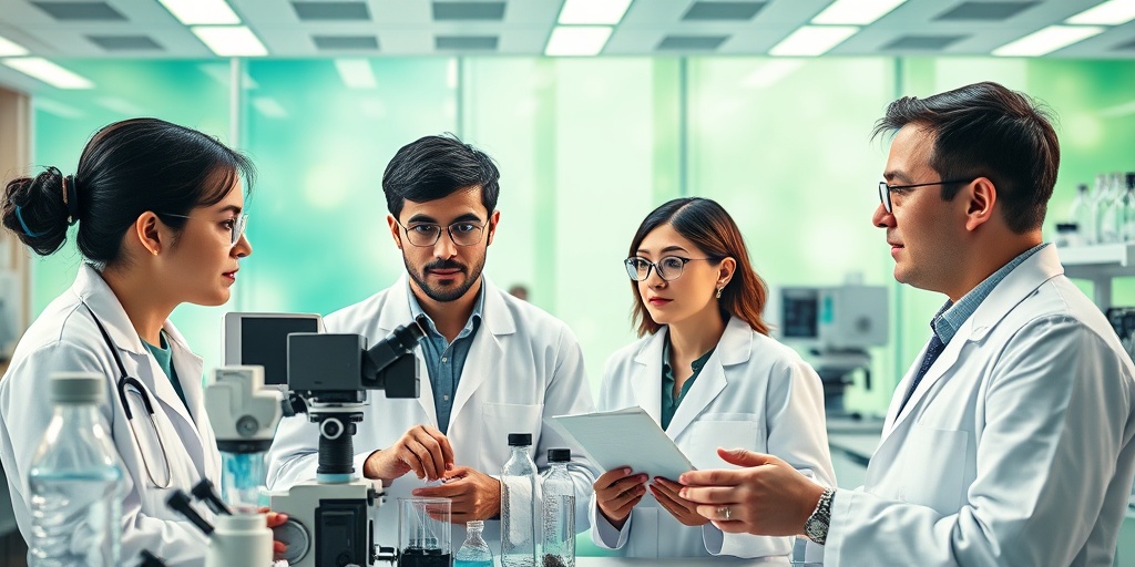 Researchers collaborating in a modern lab, showcasing high-tech tools and a hopeful approach to Halushi-Behcet's Syndrome.  5.png