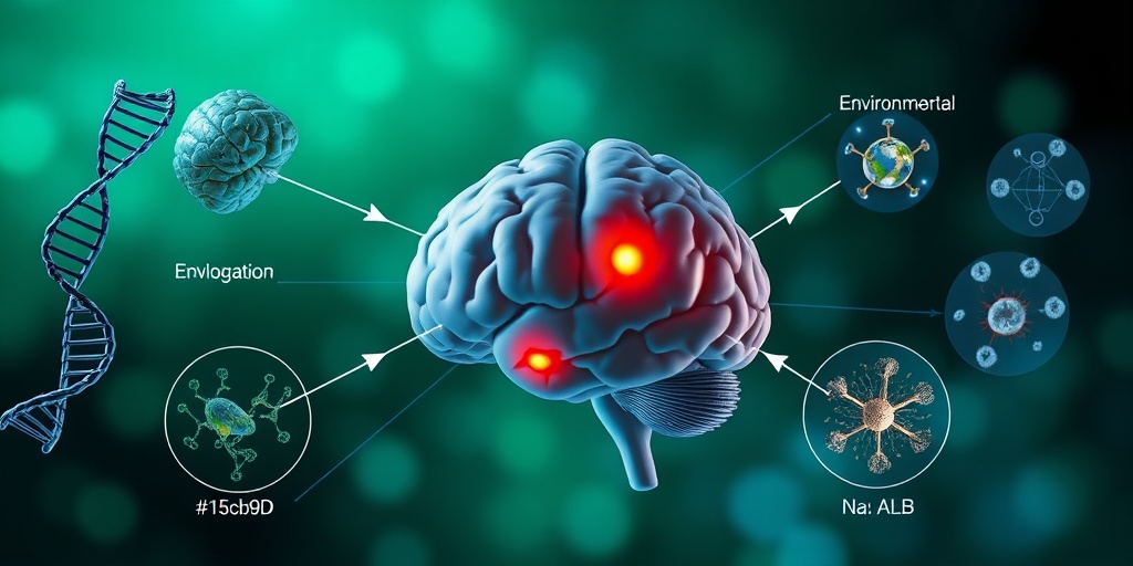A 3D brain model highlights neurodegeneration areas, surrounded by genetic and environmental factors related to MSA.  3.png