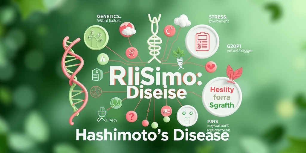 A 3D render illustrating risk factors of Hashimoto's Disease, featuring DNA strands and stress icons in a visually engaging layout.  3.png