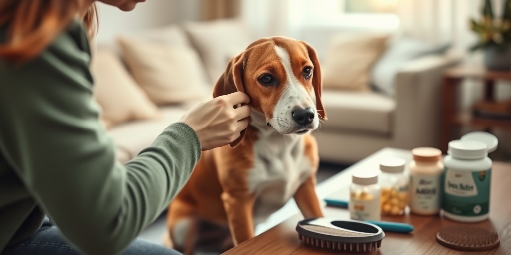 A beagle enjoys a gentle grooming session at home, highlighting the bond between pet and owner in a cozy setting.  2.png