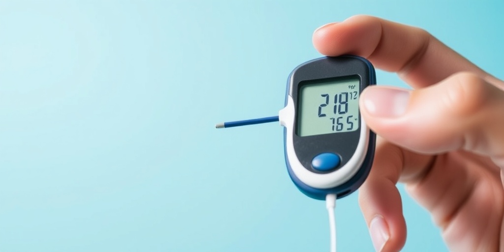 A blood glucose monitor displays a reading, emphasizing the importance of accurate monitoring in diabetes management.  5.png