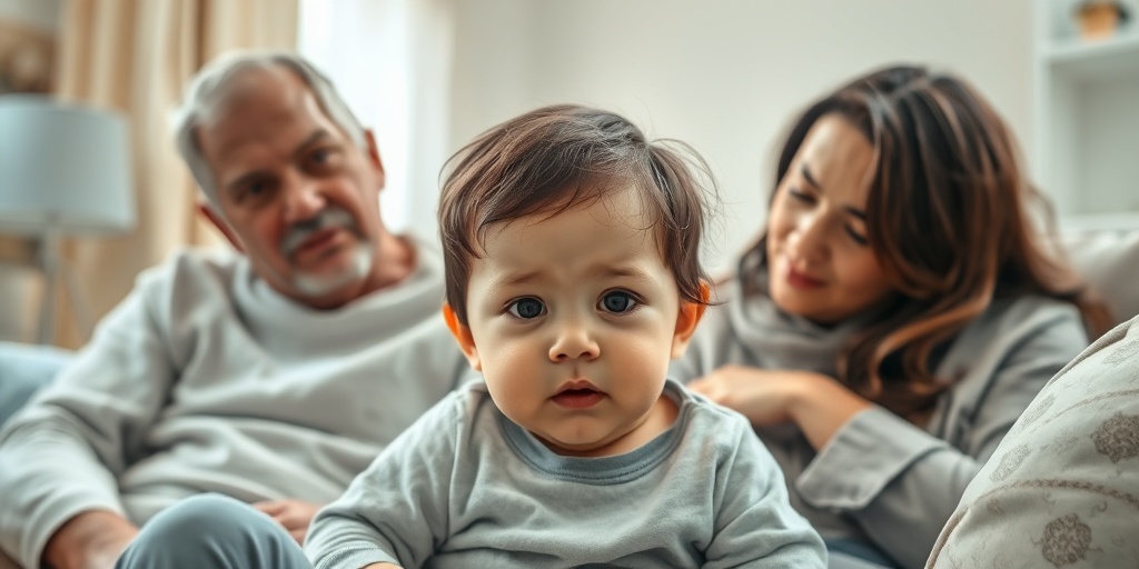 A child with jaundice sits in a cozy room, surrounded by family members showing love and concern for their condition. 2.png
