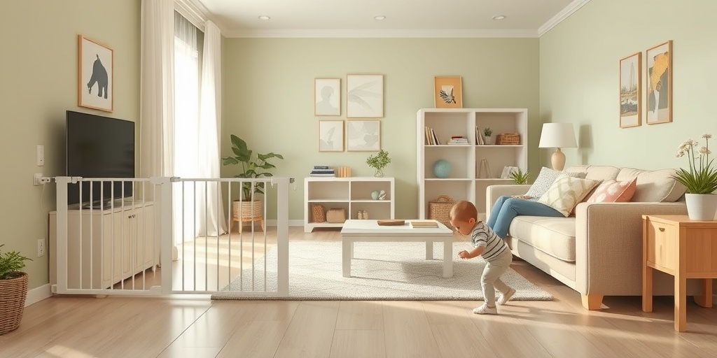 A childproofed living room featuring safety gates and outlet covers, showcasing a balance of freedom and security for toddlers.  3.png