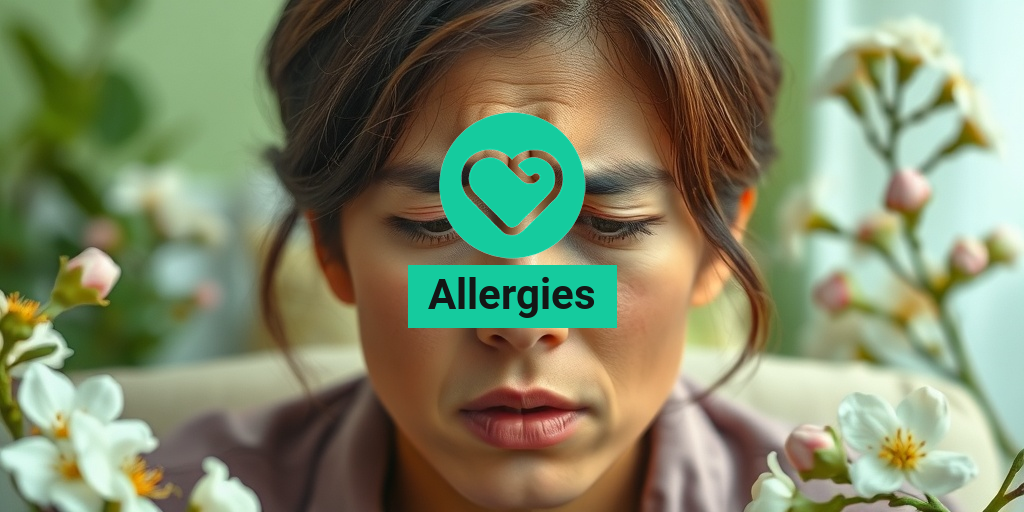 A close-up of a person with allergy symptoms, showing redness and swelling in a serene floral setting. • Yesil Health AI