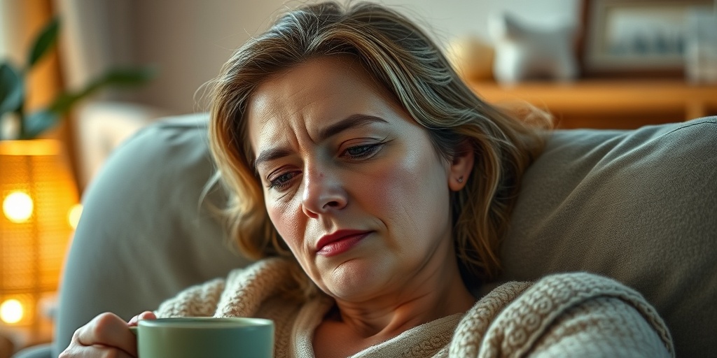 A close-up of a woman showing fatigue and hair loss, surrounded by comforting elements in a cozy living room.  2.png