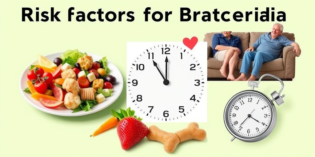 A collage illustrating bradycardia risk factors, featuring unhealthy food, a sedentary lifestyle, and an aging clock on a green background.  3.png