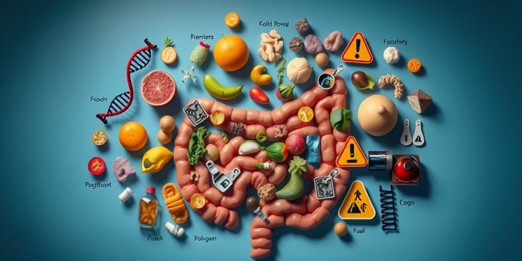 A collage illustrating causes of malignant large bowel tumors, featuring genetic markers, dietary influences, and environmental factors.  3.png