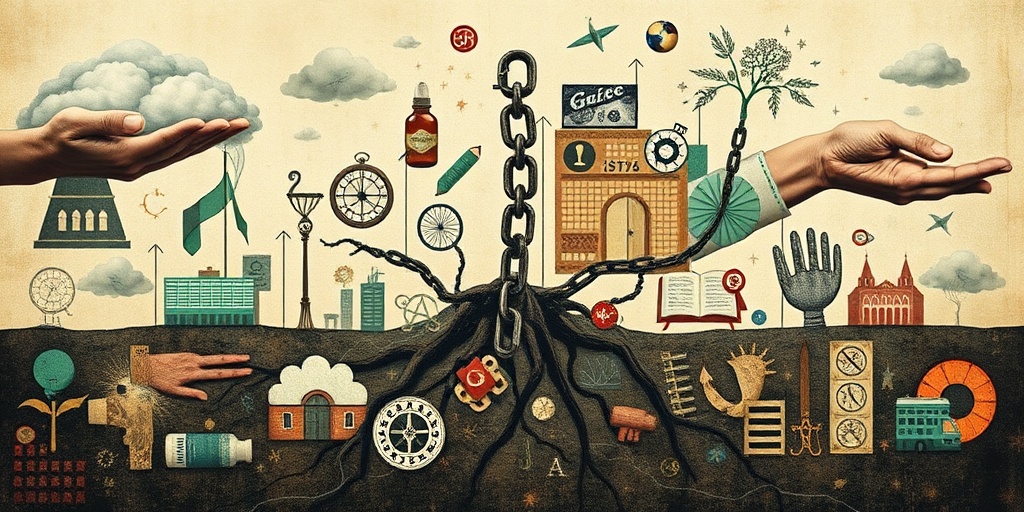 A collage of addiction causes, using visual metaphors like storm clouds and broken chains, inviting reflection on its complexities.  3.png