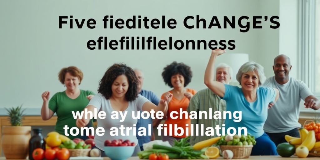 A community exercise class promoting lifestyle changes for atrial fibrillation management, surrounded by healthy food options and positivity. 5.png