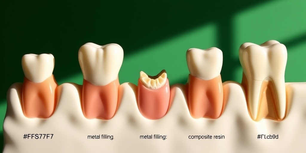 A comparison of porcelain inlays with metal fillings and composite resin on a dental model, emphasizing texture and appearance differences.  3.png