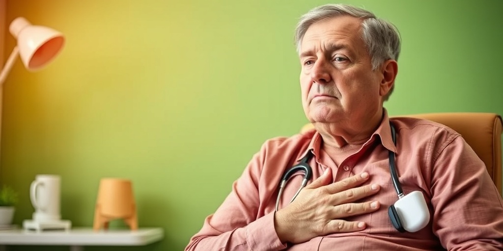 A concerned middle-aged patient in a doctor's office, holding their chest, reflecting symptoms of atrial fibrillation. 2.png