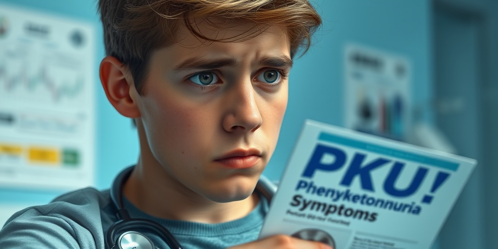 A concerned young adult holds a PKU pamphlet in a doctor's office, showcasing emotional struggles.  2.png