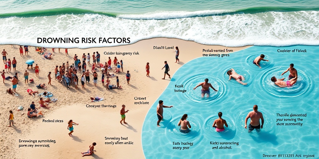 A crowded beach scene highlights drowning risks, showcasing unmonitored areas and the need for vigilance around water. 3.png