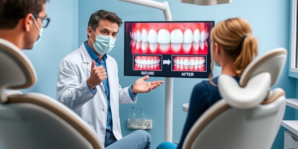 A dentist explains porcelain inlays to a patient, highlighting before-and-after images on a digital display in a bright setting.  2.png