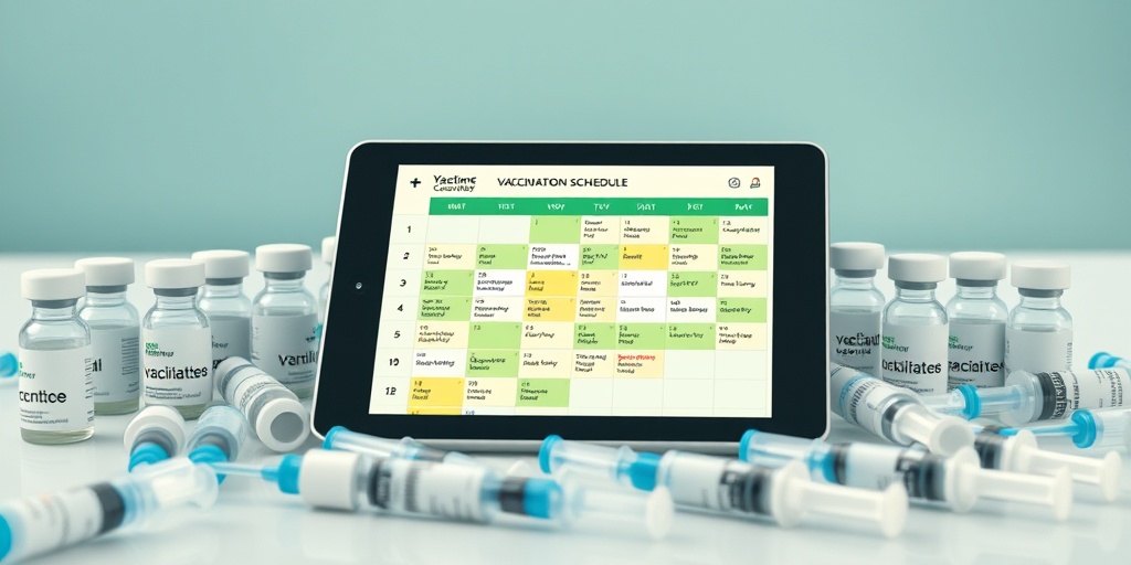 A digital tablet displays a colorful vaccination schedule, surrounded by vials and syringes in a modern healthcare setting.  3.png