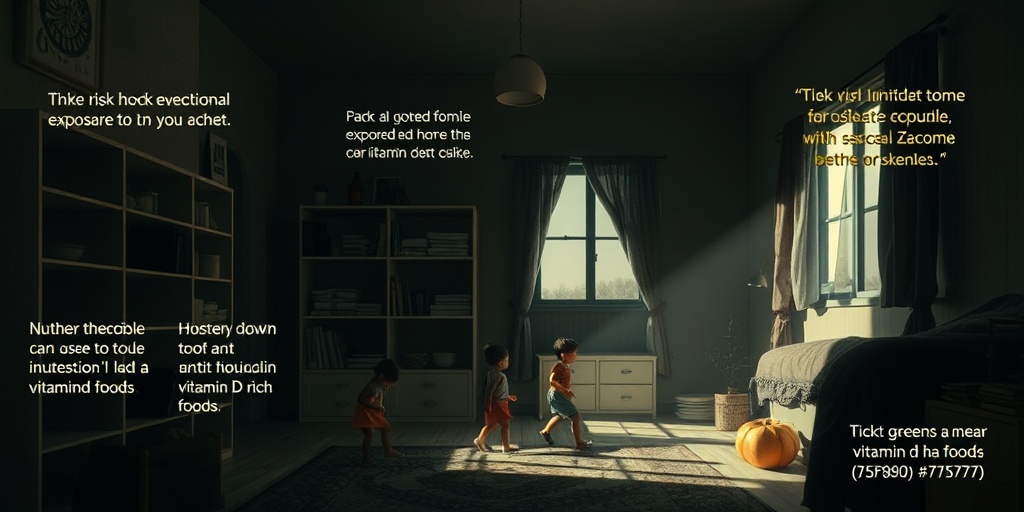A dimly lit home illustrates rickets risk factors, with empty shelves and limited sunlight exposure.  3.png