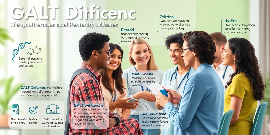 A diverse group discusses GALT Deficiency risk factors in a community health setting, emphasizing awareness and education.3.png