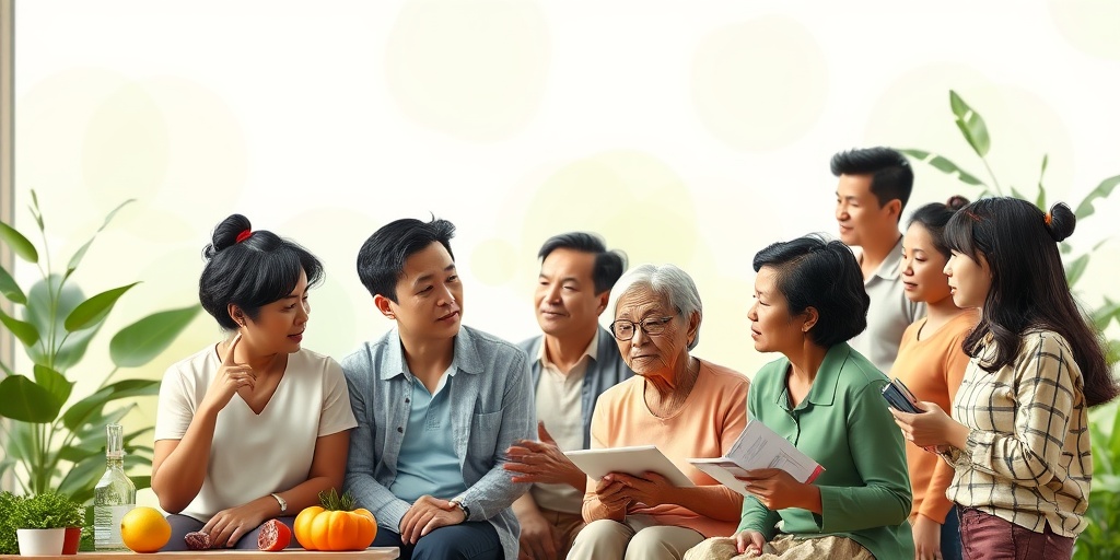 A diverse group discussing lifestyle choices in a community health setting, surrounded by healthy foods and exercise equipment.  3.png
