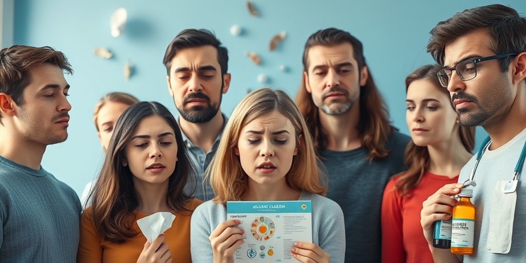 A diverse group displays allergy symptoms in a bright room, surrounded by tissues and medications for awareness. 2.png