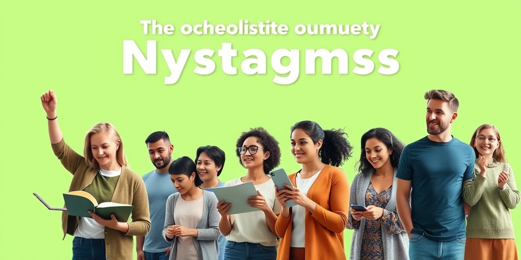 A diverse group engages in activities against a soothing green background, embodying hope and resilience despite Nystagmus challenges.  5.png