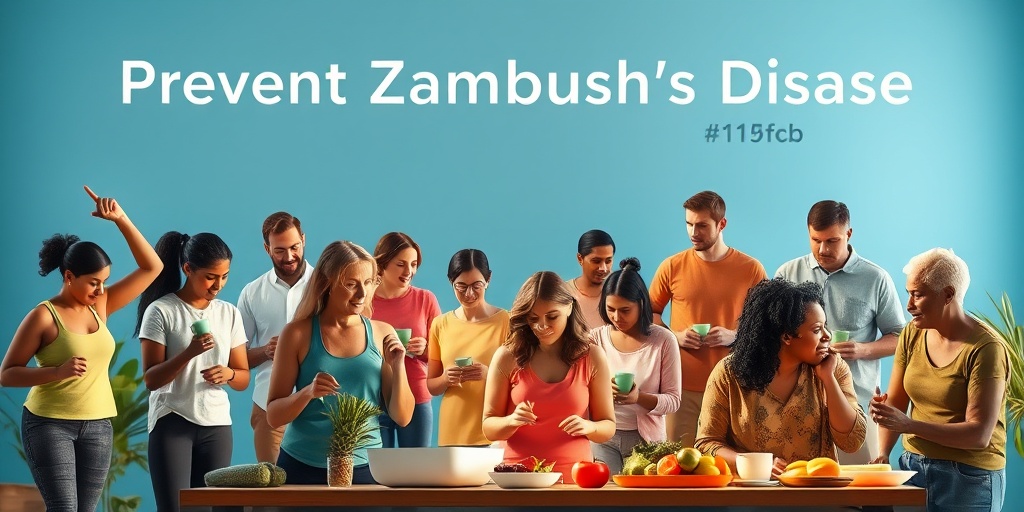 A diverse group engages in healthy activities, promoting prevention of Zambusch's Disease against a backdrop of wellness and vitality. 5.png