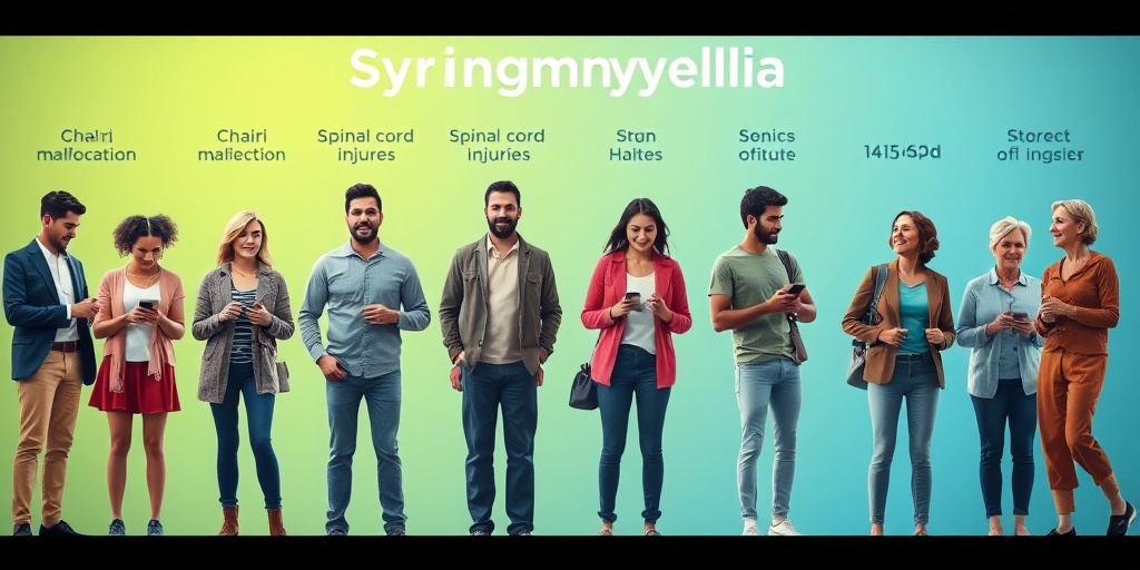 A diverse group illustrates syringomyelia risk factors, engaging in activities that promote awareness and community support.  3.png
