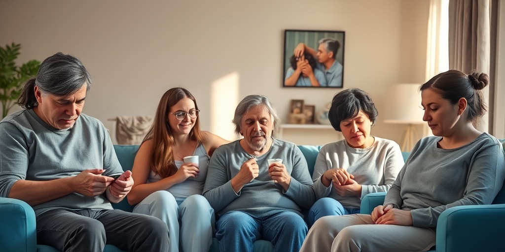 A diverse group of individuals displays symptoms of Glucocerebrosidase Deficiency in a warm, inviting room.  2.png