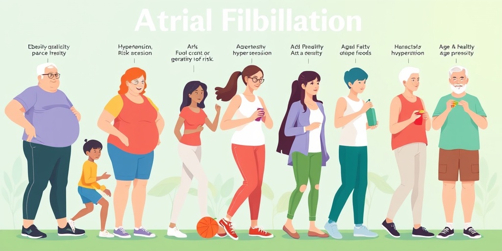 A diverse group of individuals representing atrial fibrillation risk factors, engaged in healthy activities against a green-blue backdrop. 3.png