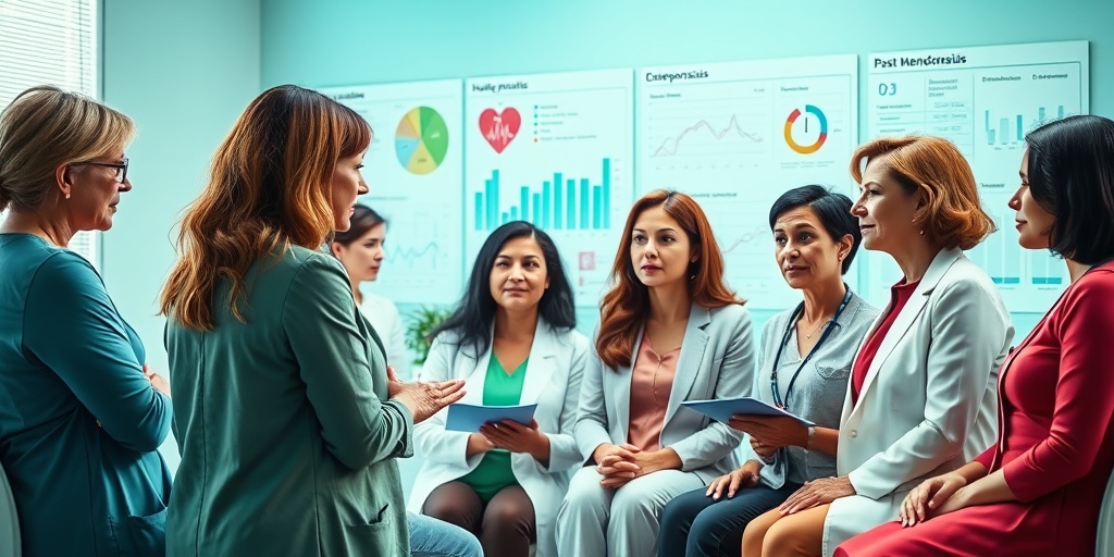 A diverse group of women discusses heart health and osteoporosis in a bright medical consultation setting, emphasizing awareness.3.png