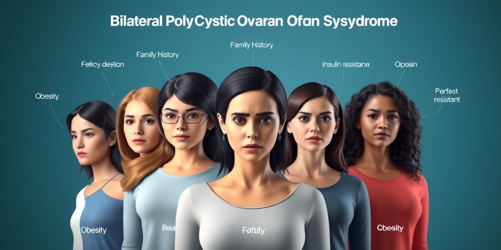 A diverse group of women illustrates various risk factors for Bilateral Polycystic Ovarian Syndrome against a subtle blue background. 3.png
