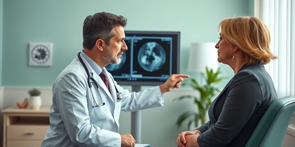 A doctor discusses mammogram results with a patient, fostering trust in a calming consultation room filled with green accents.3.png
