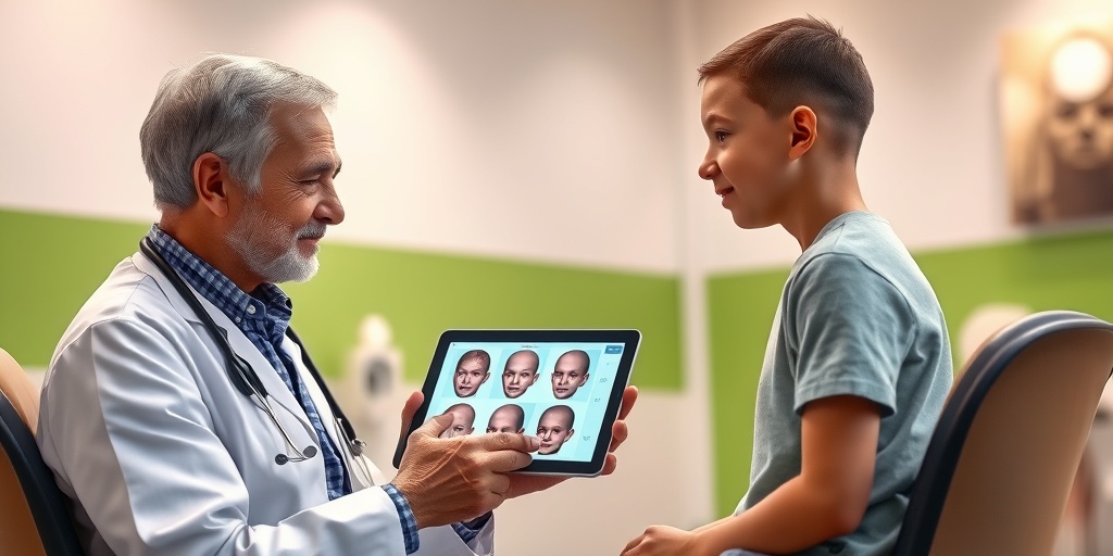 A doctor examines a child with Apert Syndrome, using a tablet to discuss craniofacial features in a welcoming clinic.3.png