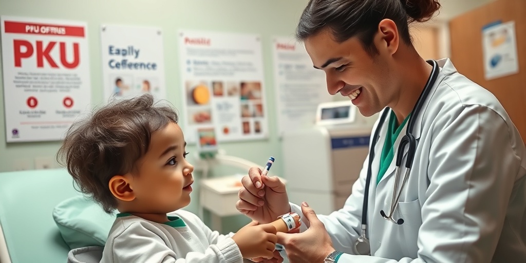 A doctor gently draws blood from a child, emphasizing the importance of early PKU diagnosis.  3.png