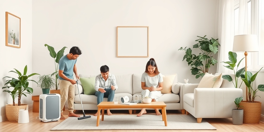 A family engages in allergy management at home, surrounded by air purifiers and hypoallergenic decor.5.png