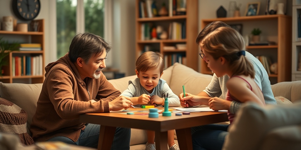 A family enjoys a board game in a cozy living room, promoting ADHD behavioral strategies with warmth and support. 4.png